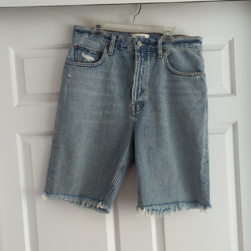 Agolde Light Wash Denim Jean Shorts with Frayed Hem